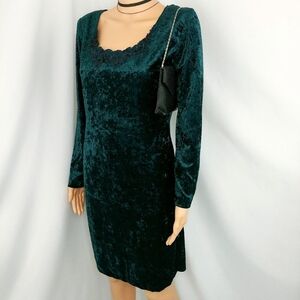 Vintage 80's Green Velvet Midi Dress Lace Beaded Celestial Whimsigoth Glam Witch